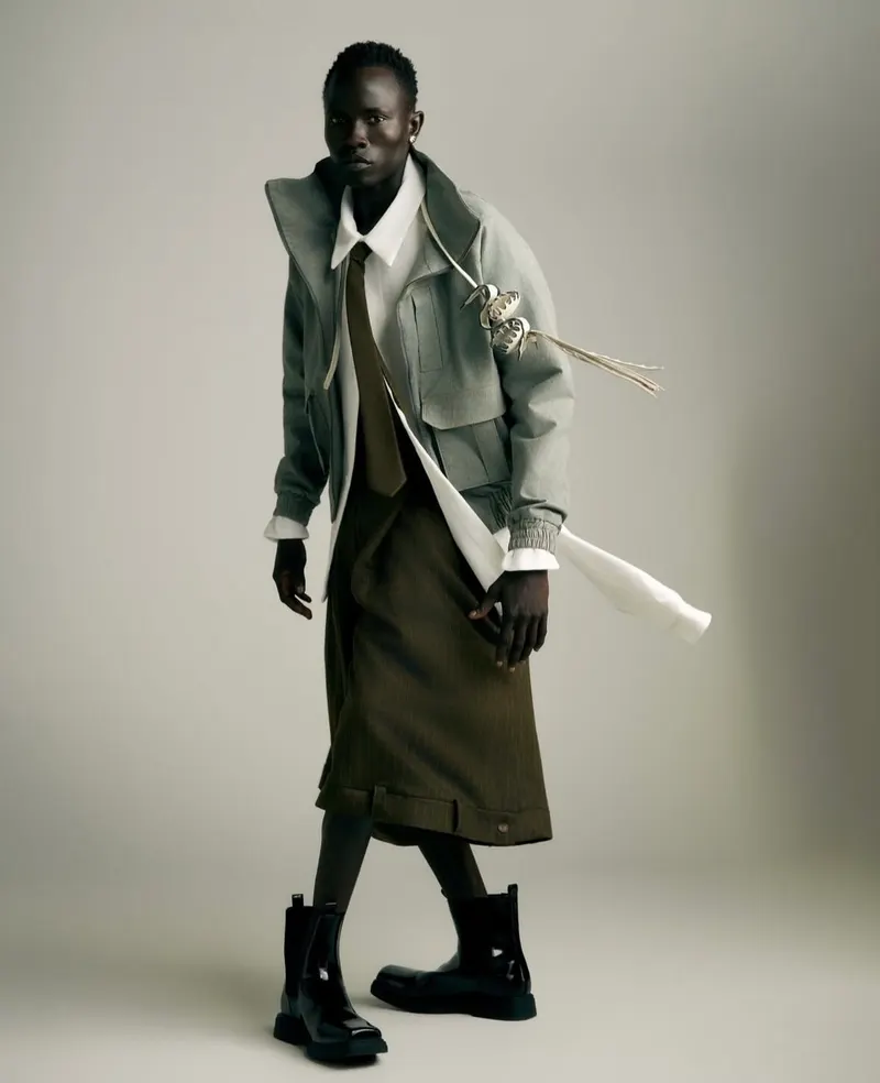 Studio portrait of a model in an olive skirt, grey jacket and black boots